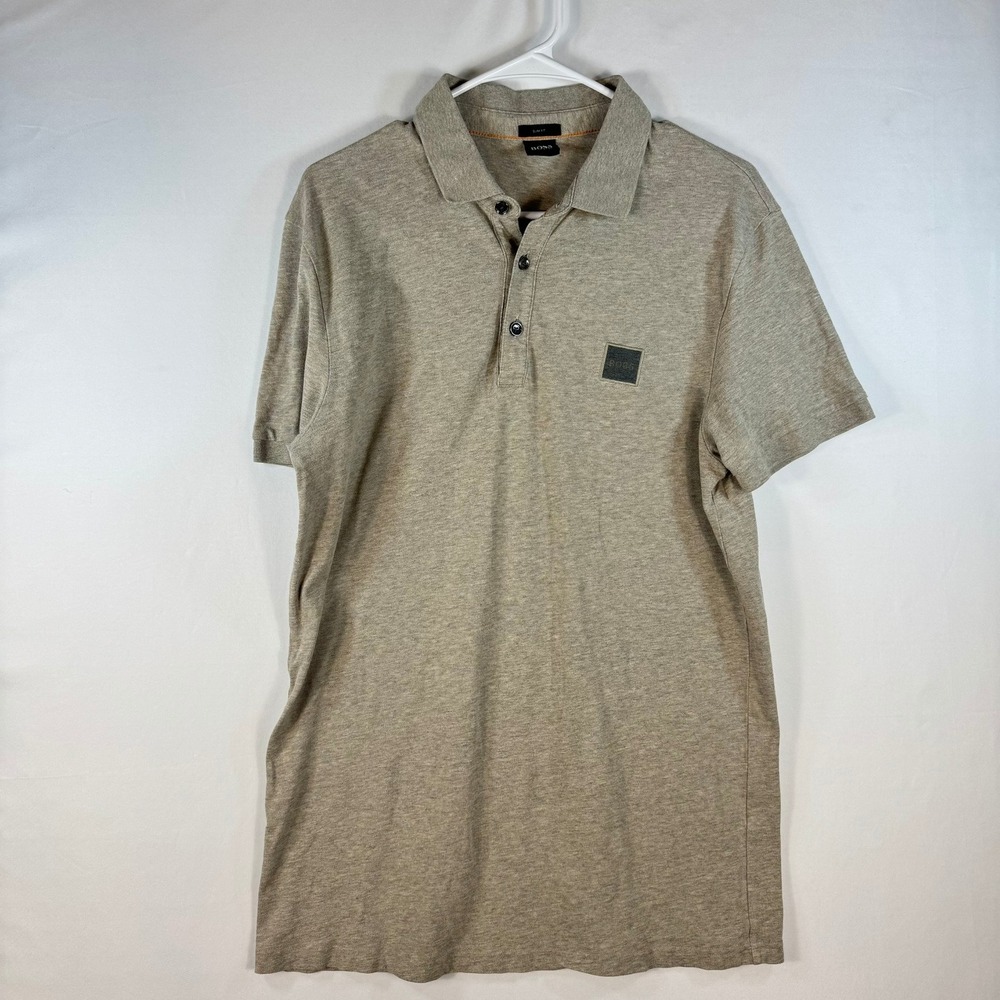 BOSS Hugo Boss Mens Slim Fit Polo Shirt Tan Heather Short Sleeve Logo Size L
